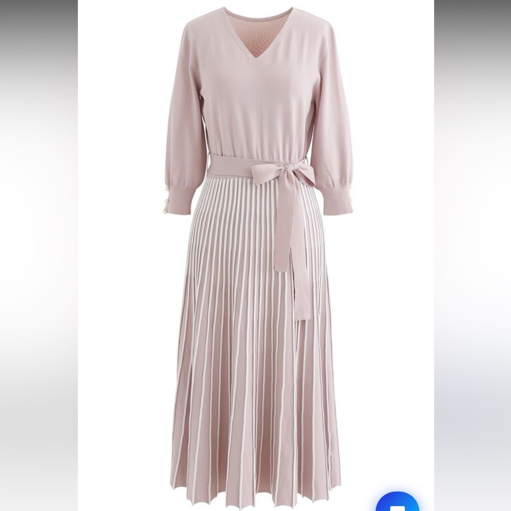 Chicwish | RADIANT LINES V-NECK BOWKNOT KNIT DRESS IN PINK